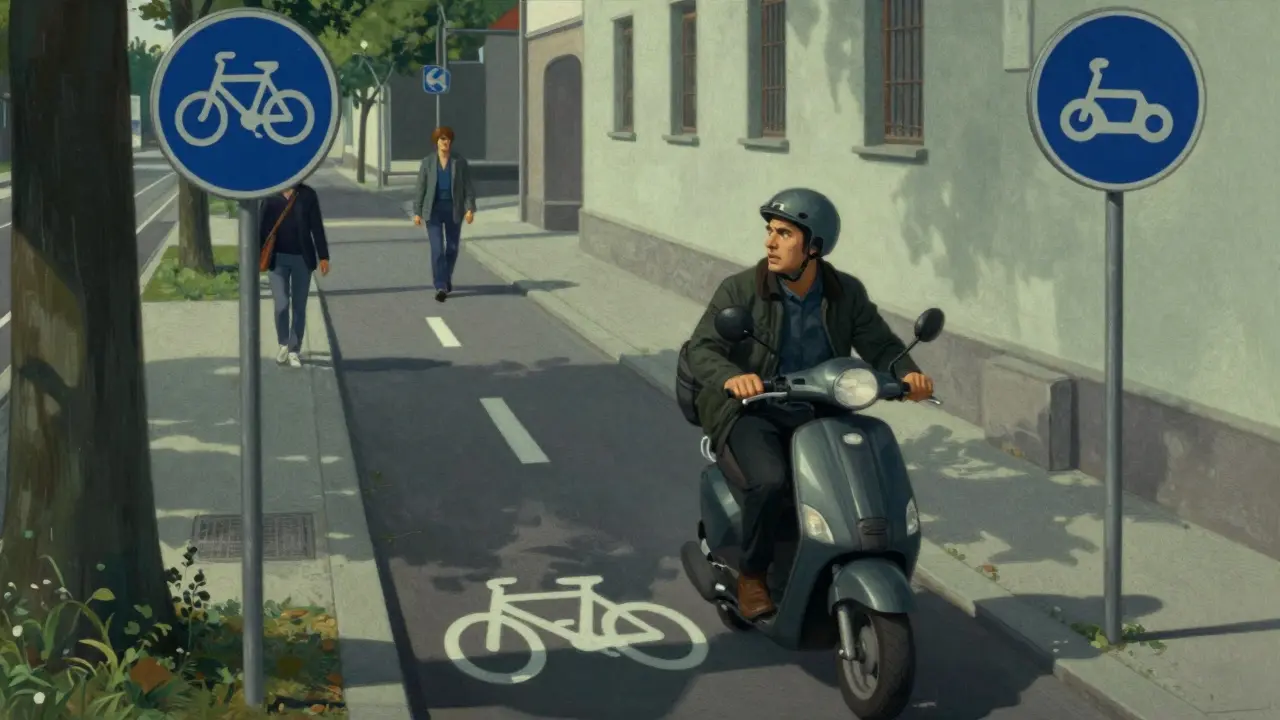 Ein E-Roller-Fahrer zögert vor einem Radweg, der kein Schild für E-Roller zeigt, während Fahrräder vorbeifahren.