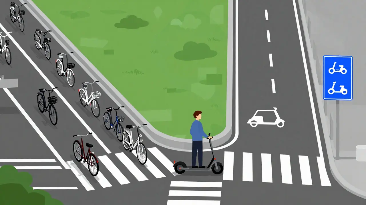 Ein E-Roller steht an einer Kreuzung zwischen Radweg und speziellem Rollerweg mit blauer Beschilderung.