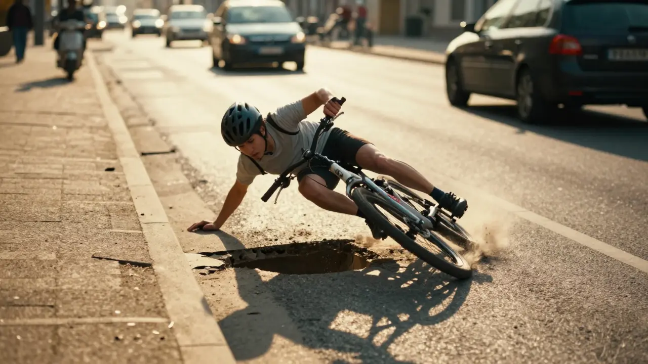 Ein Fahrer stürzt ohne Helm von einem E-Scooter über ein Loch in der Fahrbahn, umgeben von Verkehr und rissigem Asphalt.