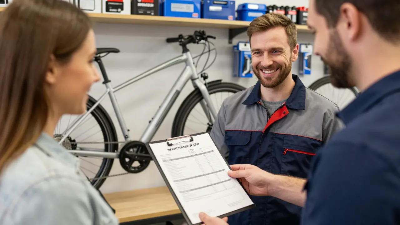 Ein Mechaniker übergibt einem Käufer einen Akku-Testbericht in einer E-Bike-Werkstatt mit Markenteilen.