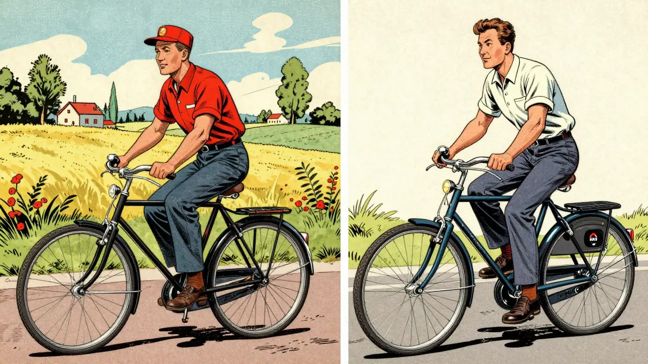 Ein Postbote aus den 1950er Jahren reitet ein klassisches Kalkhoff-Rad, das sich in ein modernes E-Bike verwandelt – 80 Jahre Fahrradgeschichte.