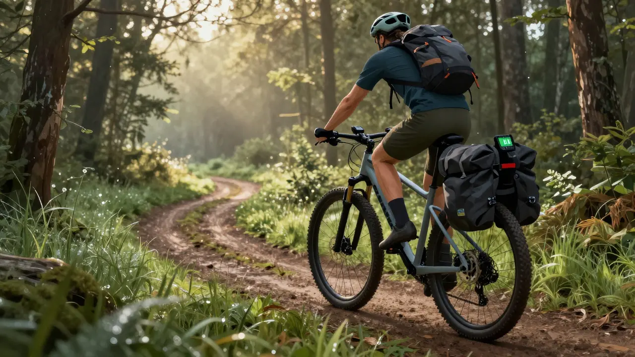 Ein Radfahrer mit Trekking-E-Bike auf einem Waldweg bei Dämmerung, mit Gepäck und Display.