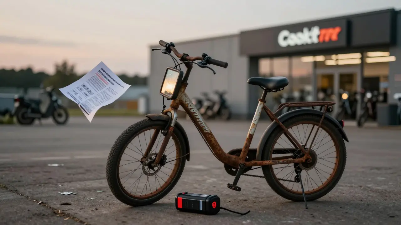 Ein verlassenes chinesisches E-Bike in einer Recyclinganlage, mit beschädigter Batterie und zerrissenem Handbuch, im Hintergrund eine moderne E-Bike-Werkstatt.