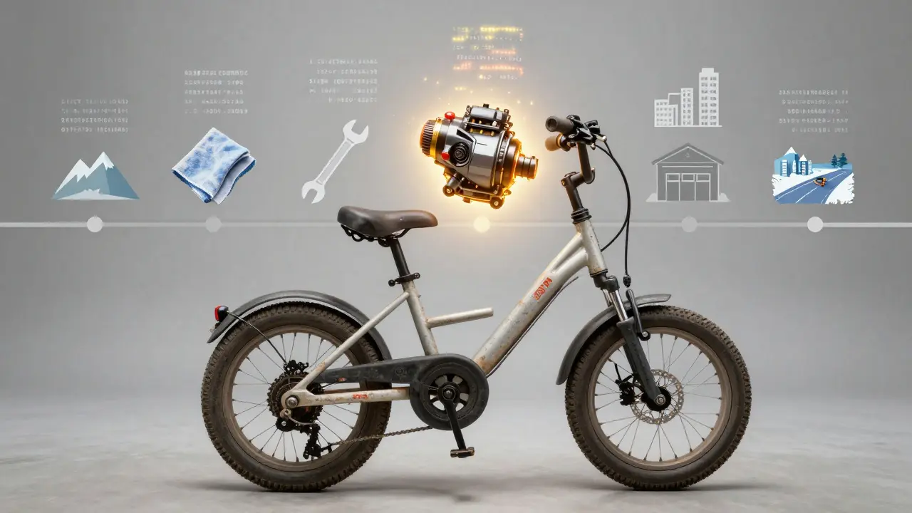 Ein zehn Jahre alter E-Bike-Motor neben einem neuen, symbolisiert Lebensdauer und Austausch.