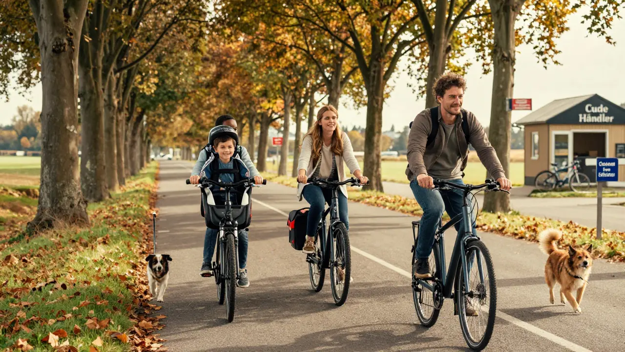 Eine deutsche Familie fährt mit Cube E-Bikes auf einem ländlichen Weg, umgeben von Herbstlaub und einem lokalen Fahrradladen im Hintergrund.
