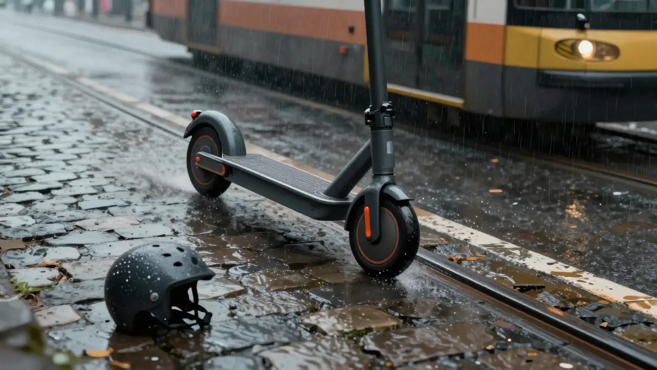 Elektroroller rutscht auf nassem Pflaster neben einer Straßenbahnspur aus, Helm liegt neben ihm.