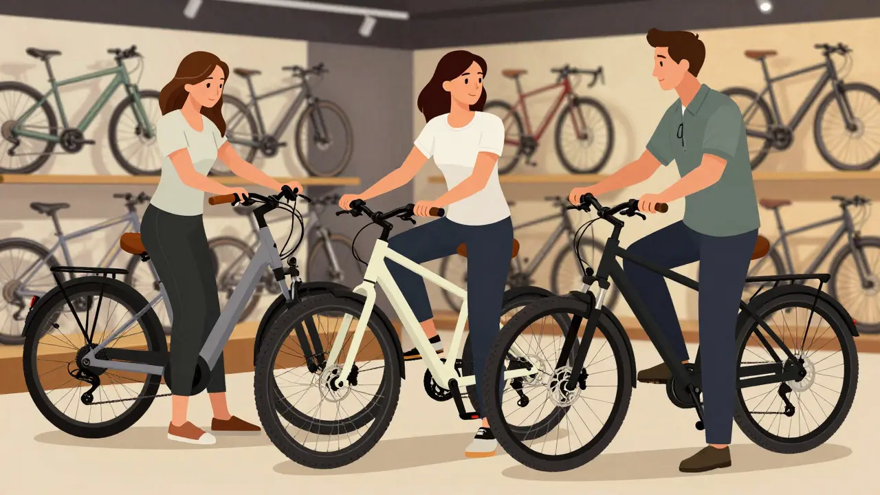 Frau testet drei E-Bikes im Fahrradgeschäft, vergleicht Sattel und Rahmenhöhe, Berater hilft ihr bei der Wahl.