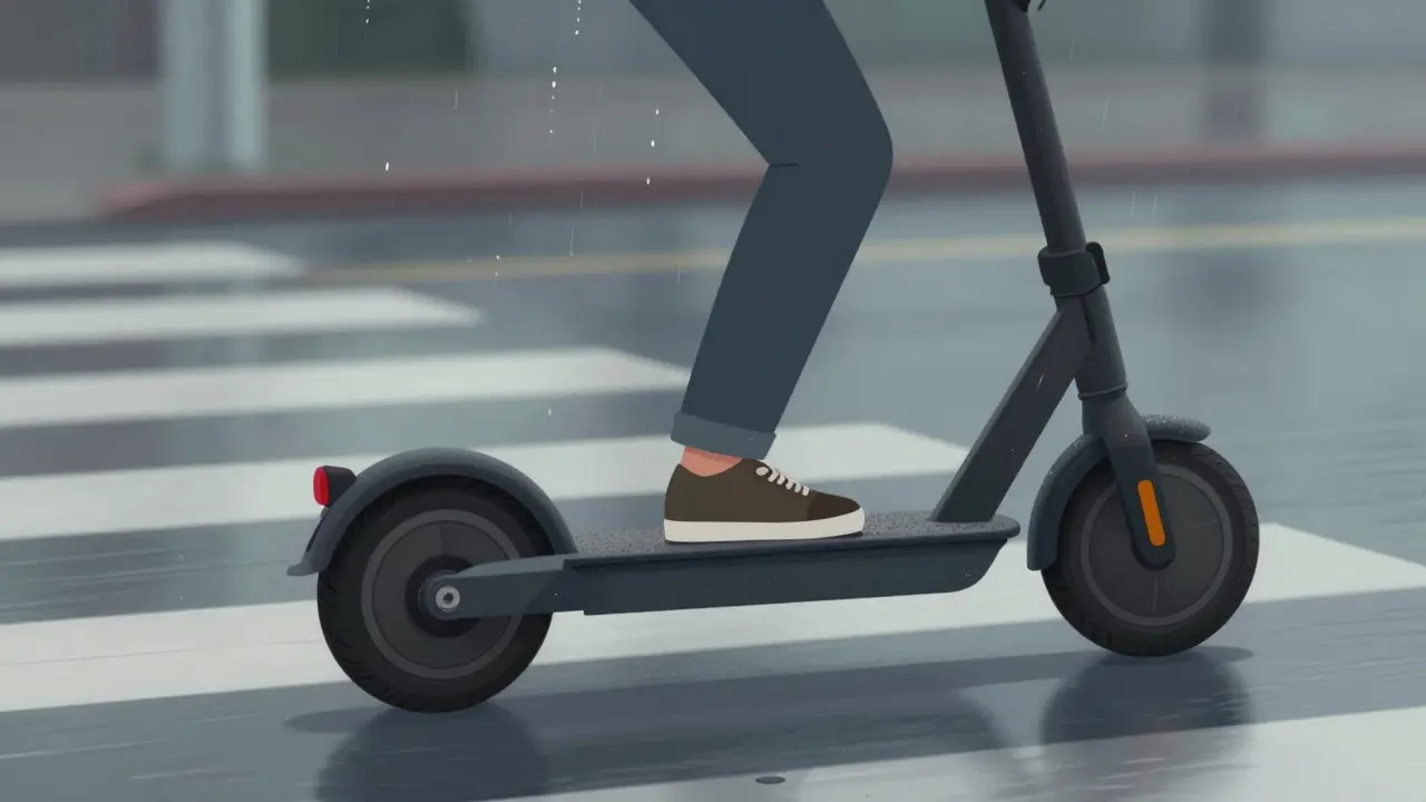 Gewichtsverlagerung beim Bremsen: Hinterrad haftet, Vorderrad leicht angehoben, Regentropfen in der Luft.