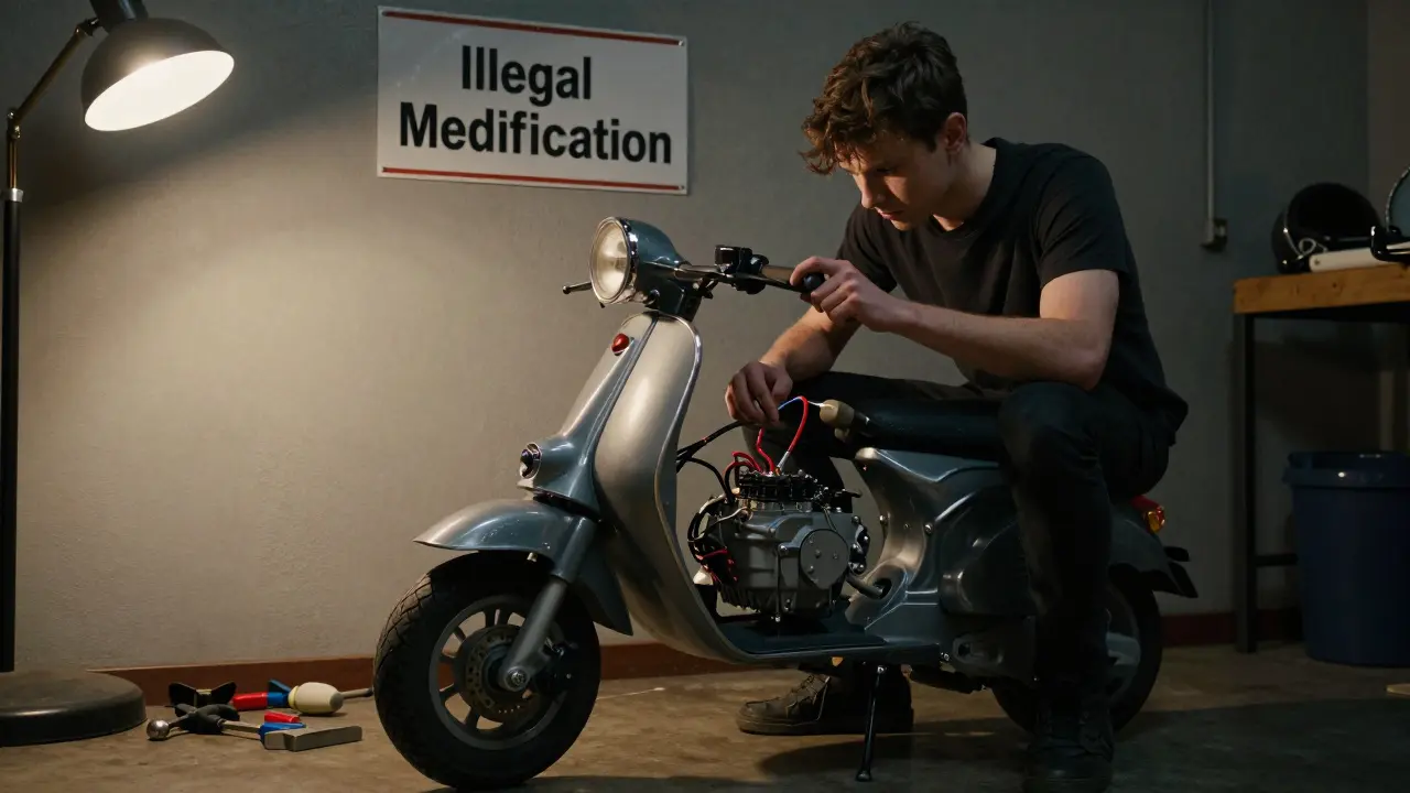 Jugendlicher versucht, einen Roller technisch zu verändern, während ein Warnschild 'Illegale Modifikation' sichtbar ist.