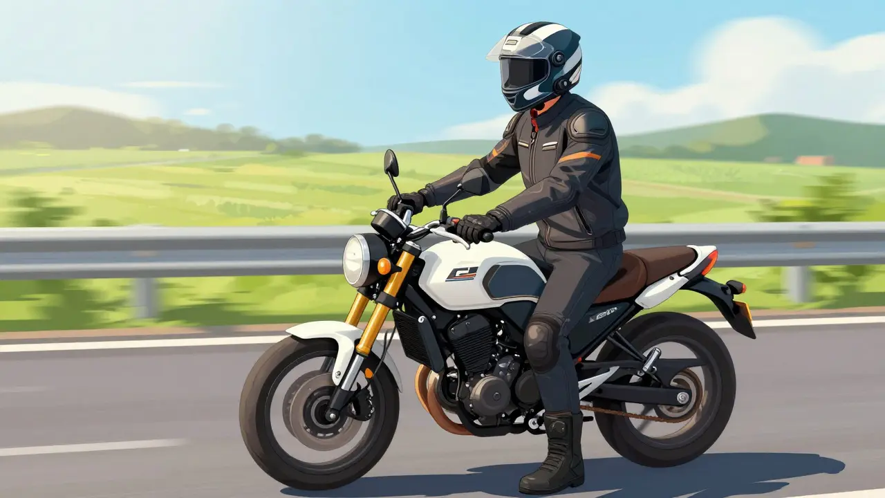 Motorradfahrer mit Helm und Schutzkleidung auf Autobahn