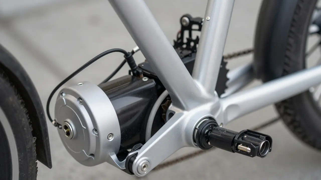 Nahaufnahme der technischen Komponenten und Verkabelung eines Elektrofahrrads.