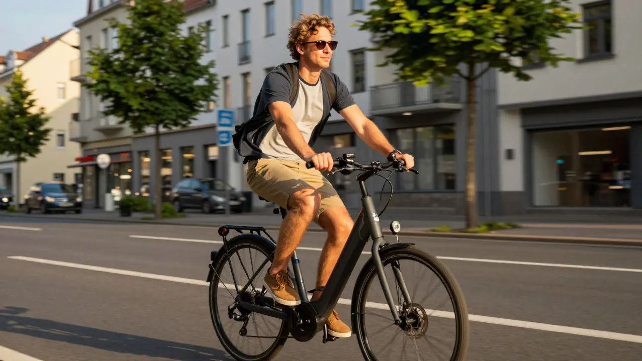 Pendler fährt mit dem E-Bike durch eine moderne städtische Umgebung.