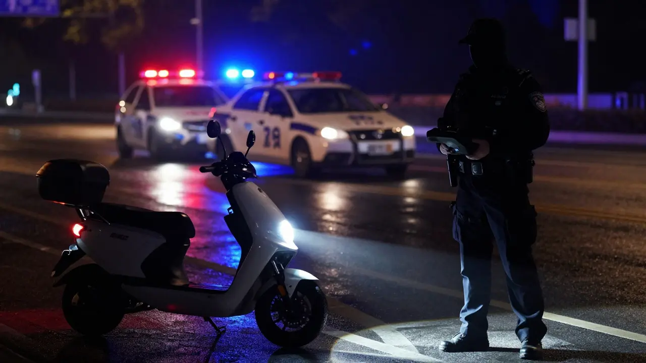 Polizeiinspektion nachts: Blaulicht reflektiert auf dem Lack eines Elektrofahrrads an der Straße.