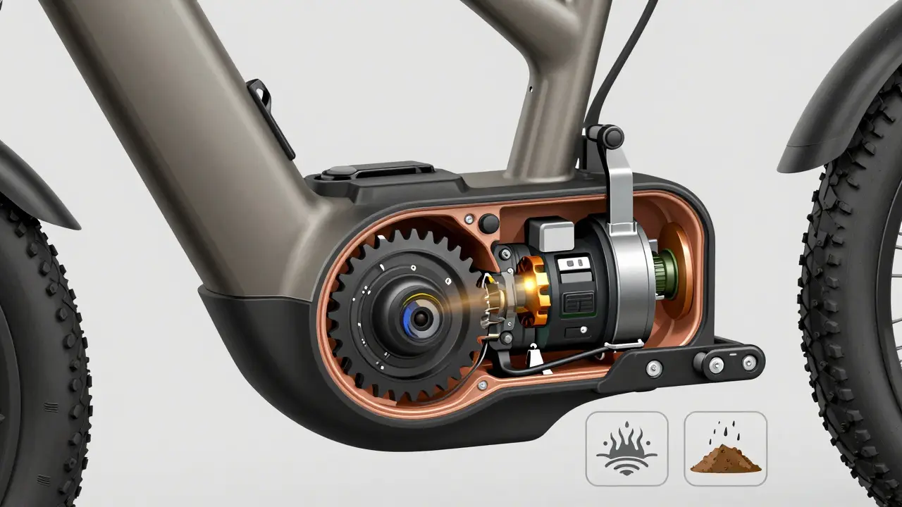 Querschnitt eines Bosch-E-Bike-Motors mit versiegeltem Inneren, Magneten und elektronischen Komponenten.