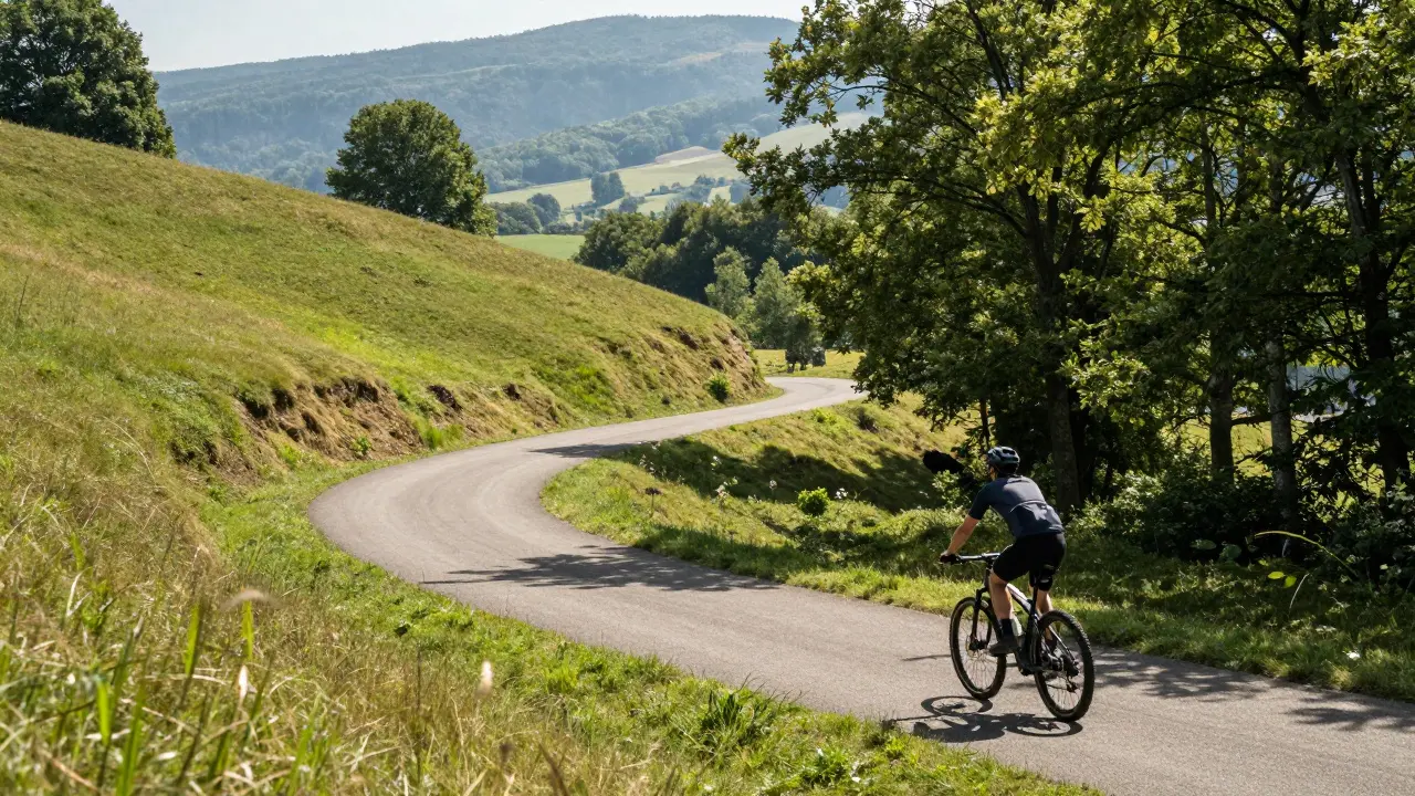 Radler fährt E-Bike auf asphaltiertem Weg durch hügliges Gelände