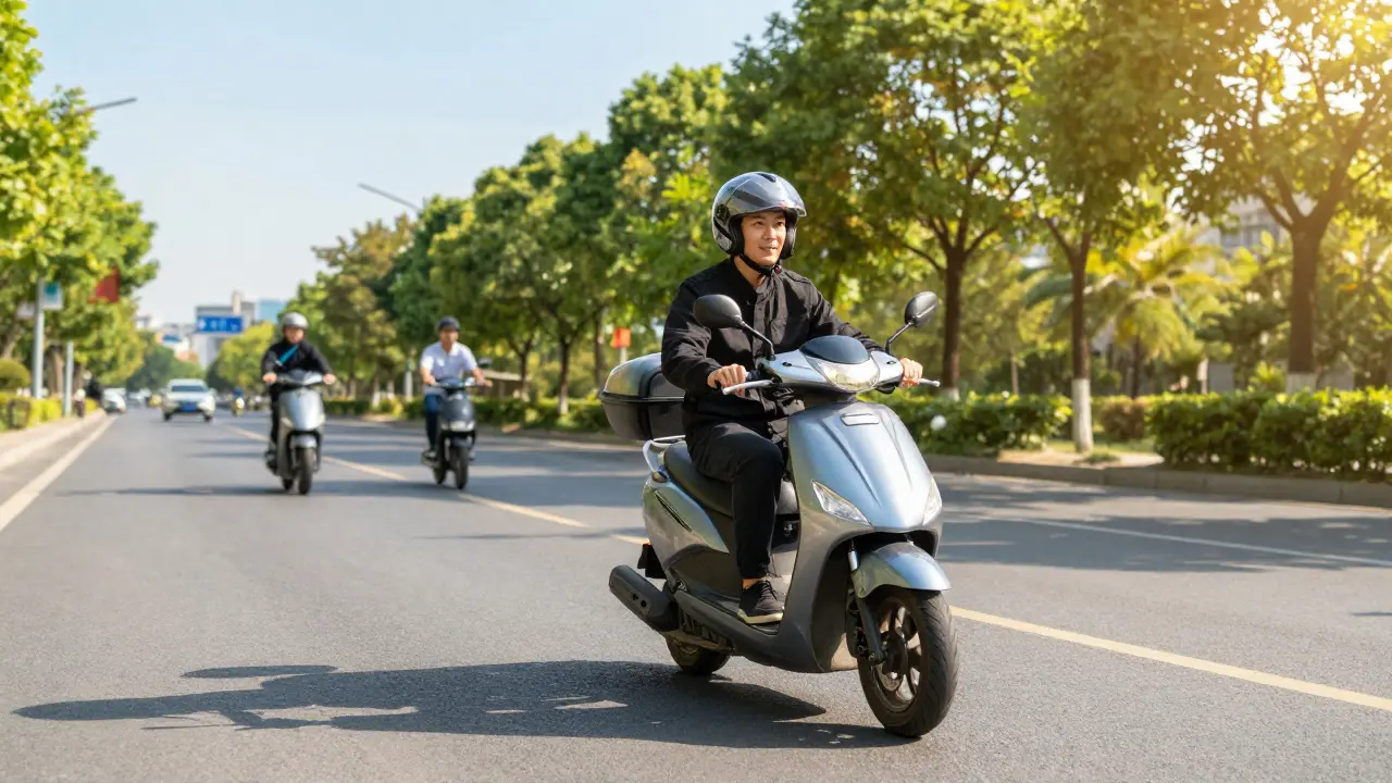 Sicherer Mopedverkehr: Ein gut geschützter Fahrer navigiert legal durch den städtischen Verkehr.