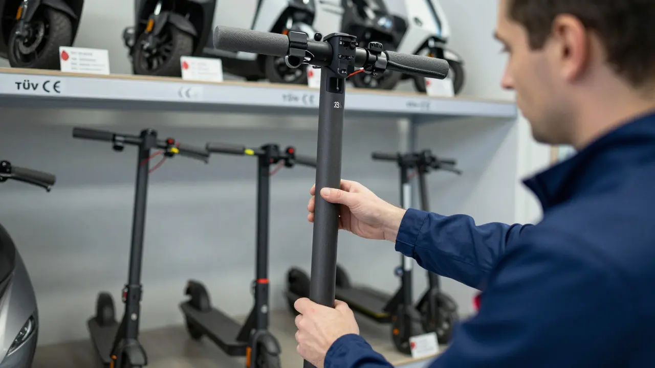 Techniker prüft einen nicht zugelassenen E-Scooter in einer Zulassungsstelle neben zugelassenen Modellen.