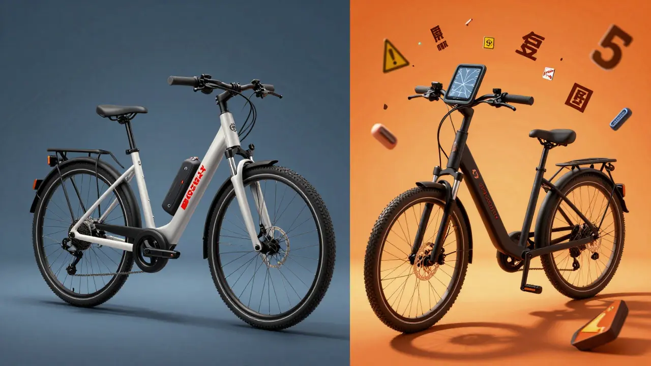 Vergleich: Ein hochwertiges deutsches E-Bike neben einem billigen chinesischen Modell mit fehlenden Sicherheitsmerkmalen und defekten Komponenten.