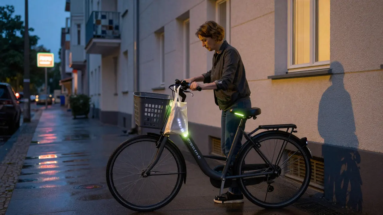 Woman locking her Crivit E-Bike outside her home at dusk, shopping basket attached, city lights in background.
