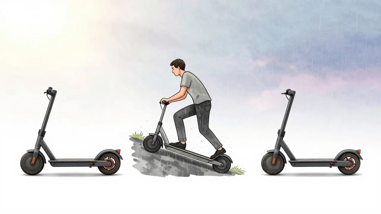 Zeitlinie eines E-Scooters über vier Jahre: neu, im Einsatz und mit ausgetauschtem Akku, symbolisiert Langlebigkeit und Pflege.