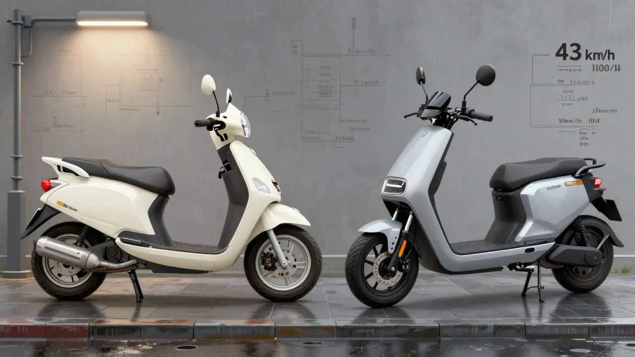 Zwei 25ccm-Roller im Vergleich: ein alter Verbrenner und ein moderner Elektroroller mit unterschiedlichen Höchstgeschwindigkeiten.