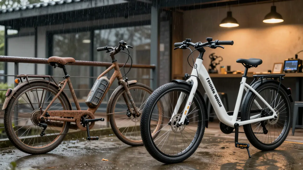 Zwei E-Bikes im Vergleich: eines verschlissen im Regen, eines sauber und gewartet in der Werkstatt.