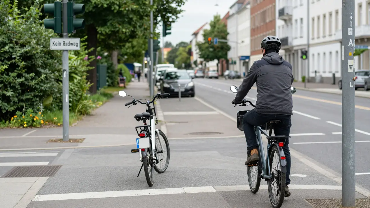 Zwei E-Bikes nebeneinander: ein normales auf dem Radweg, ein S-Pedelec mit Kennzeichen auf der Straße mit Hinweis 'Kein Radweg'.