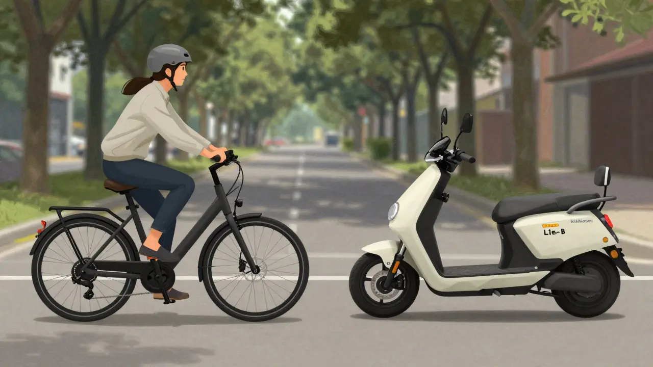 Zwei Elektrofahrzeuge nebeneinander: E-Bike und Kleinkraftrad mit Kennzeichen, unterschiedliche rechtliche Anforderungen.