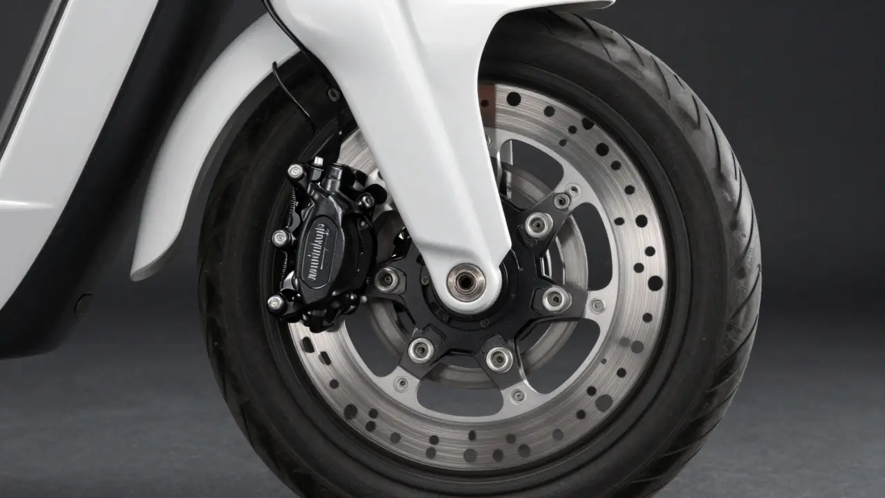 Detailansicht einer präzisen Scheibenbremse an einem E-Scooter-Rad vor dunklem Hintergrund.