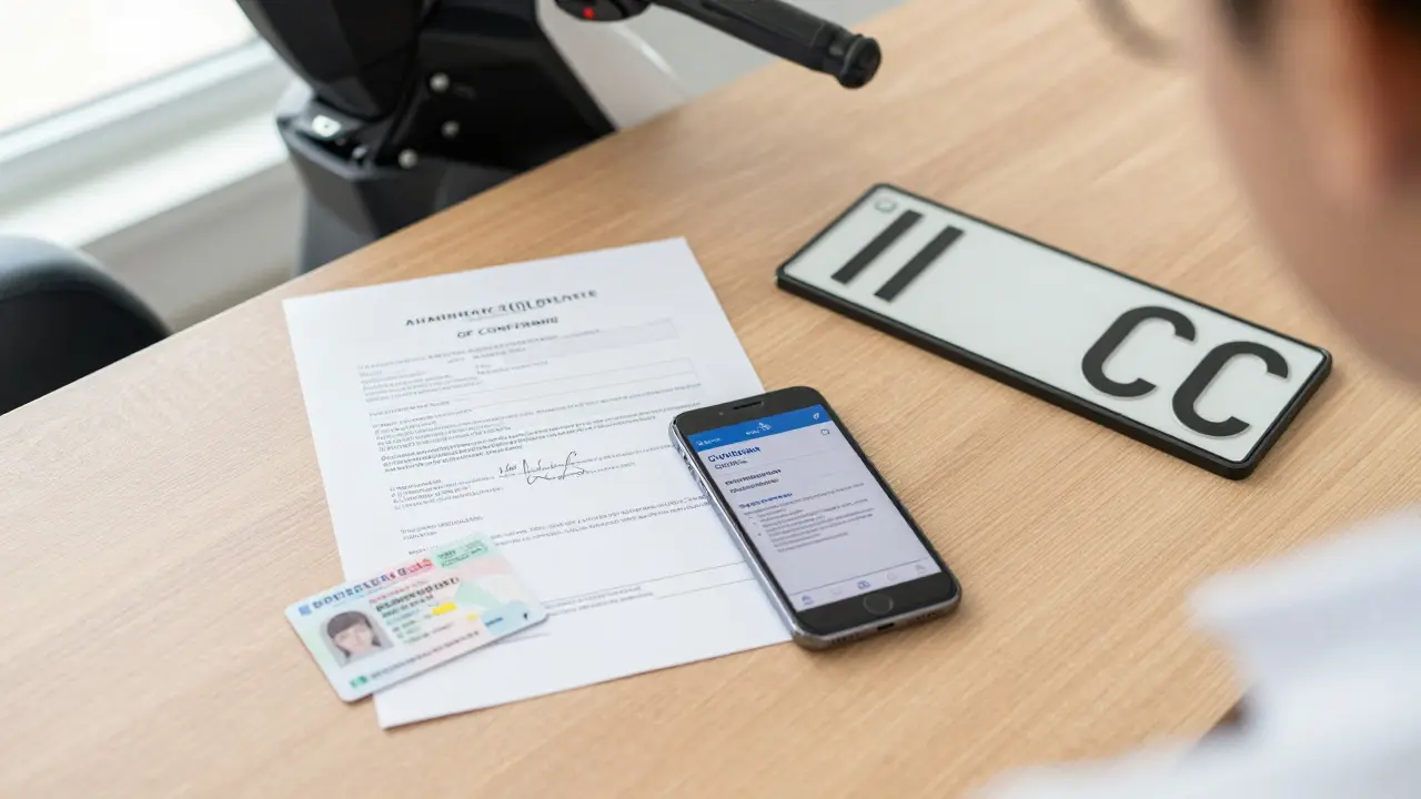 Dokumente für die Rollerzulassung, inklusive COC-Papier und Kfz-Kennzeichen.