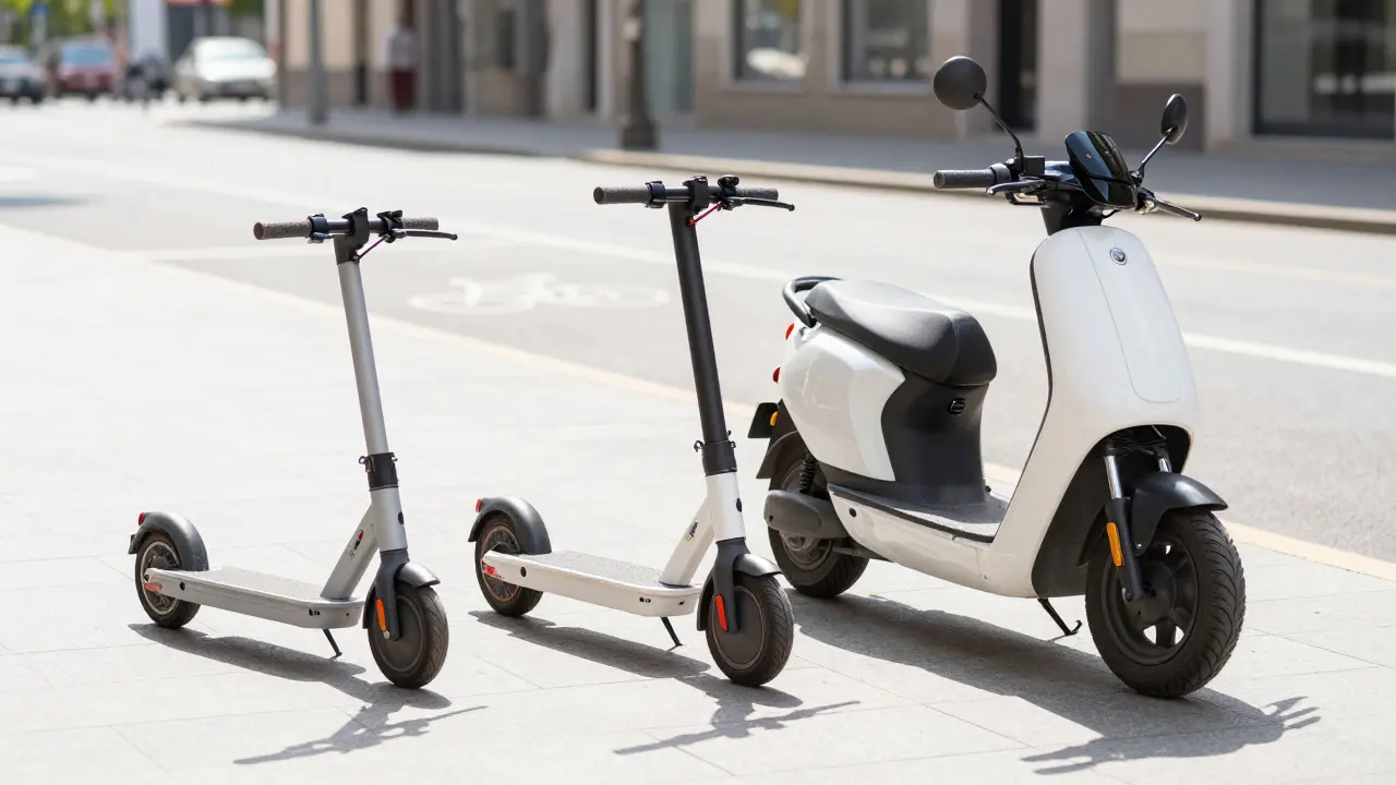 Drei verschiedene E-Roller-Modelle unterschiedlicher Leistungsklassen nebeneinander