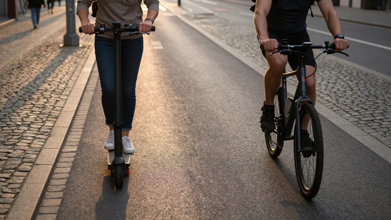 E-Roller-Fahrer und Radfahrer auf einem schmalen städtischen Radweg während der Abendstunden.