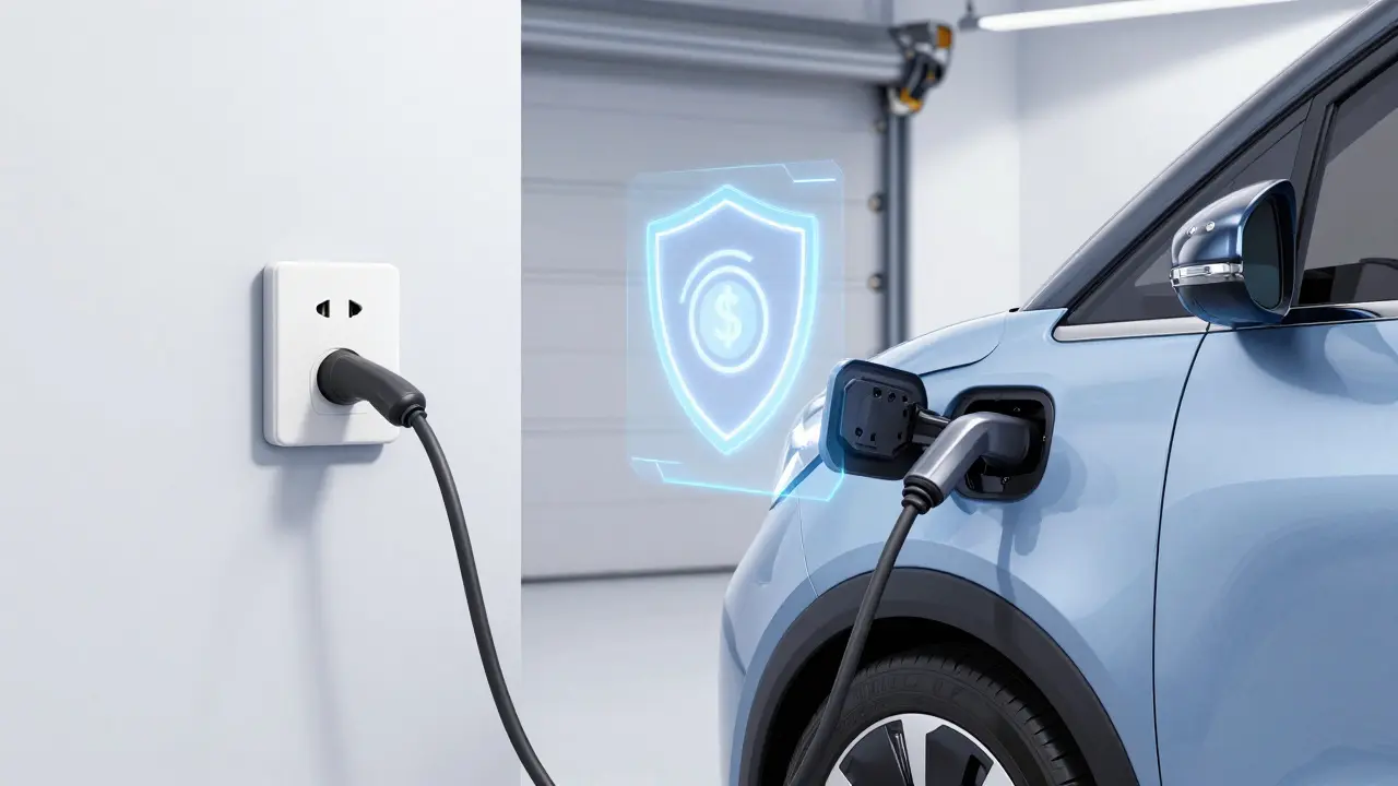 Ein Elektro-Kleinstwagen an einer Steckdose mit symbolischen Icons für Energiekosten und Versicherung.