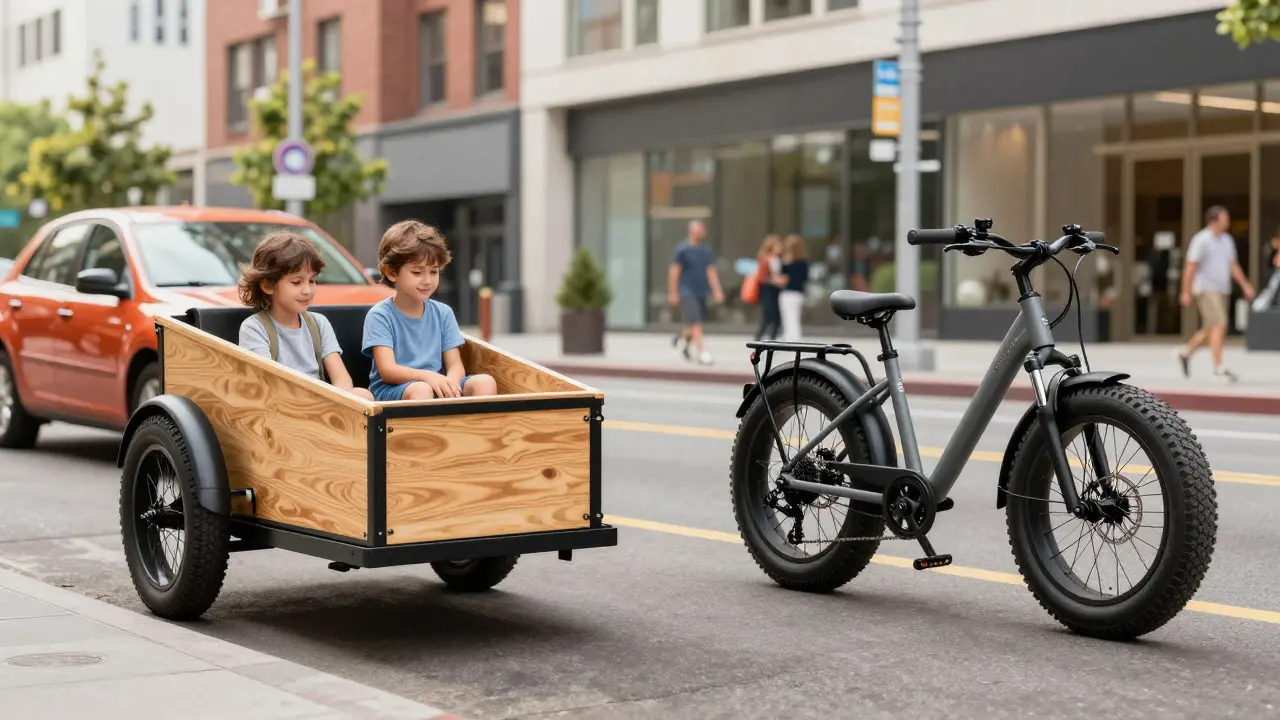Ein Elektro-Lastenrad mit Kindern in einer modernen US-Stadtumgebung.