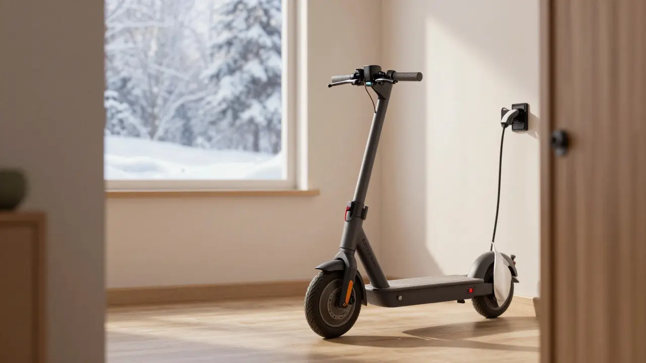 Ein Elektroroller wird in einem warmen Innenraum an die Steckdose angeschlossen.