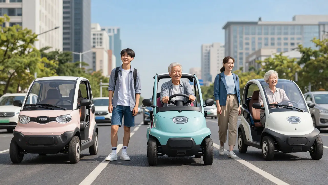 Ein Jugendlicher und ein Senior stehen lächelnd neben kleinen Mikroautos in der Stadt.