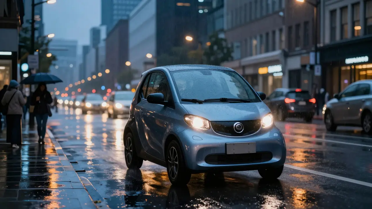 Ein modernes Elektro-Mopedauto bei Regen in einer beleuchteten Stadtumgebung.