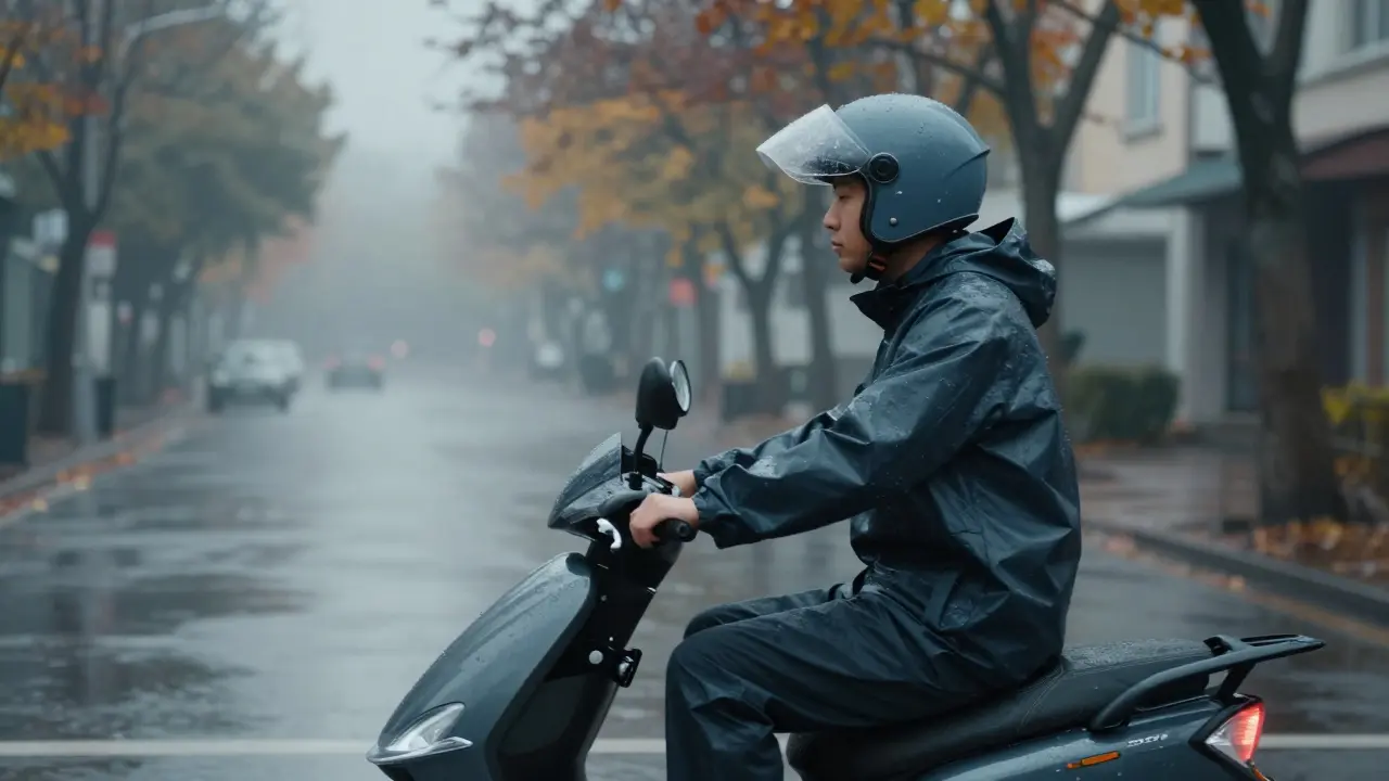 Ein Motorrollerfahrer in Regenbekleidung fährt durch eine graue, regnerische Stadtstraße im Herbst.