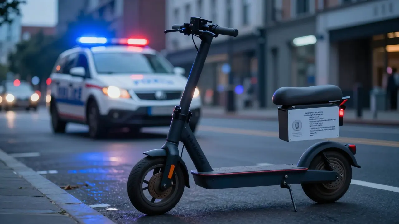 Ein nicht angemeldeter E-Scooter im Licht einer Polizeistreife bei Dämmerung.