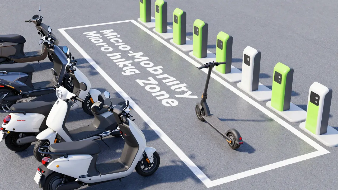 Eine organisierte Parkzone für E-Scooter als Symbol für regulierte Mikromobilität.