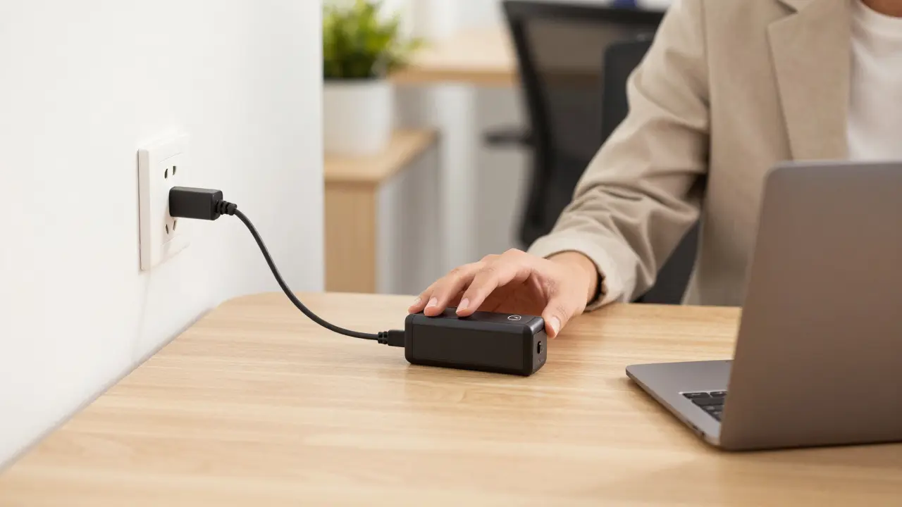 Entnehmbare E-Roller-Batterie wird an einem Schreibtisch aufgeladen.