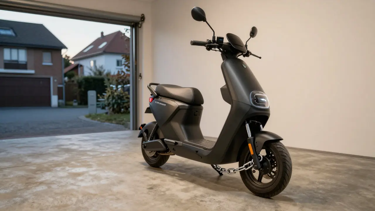 Hochwertiger E-Roller mit Diebstahlsicherung in einer sicheren Garage.
