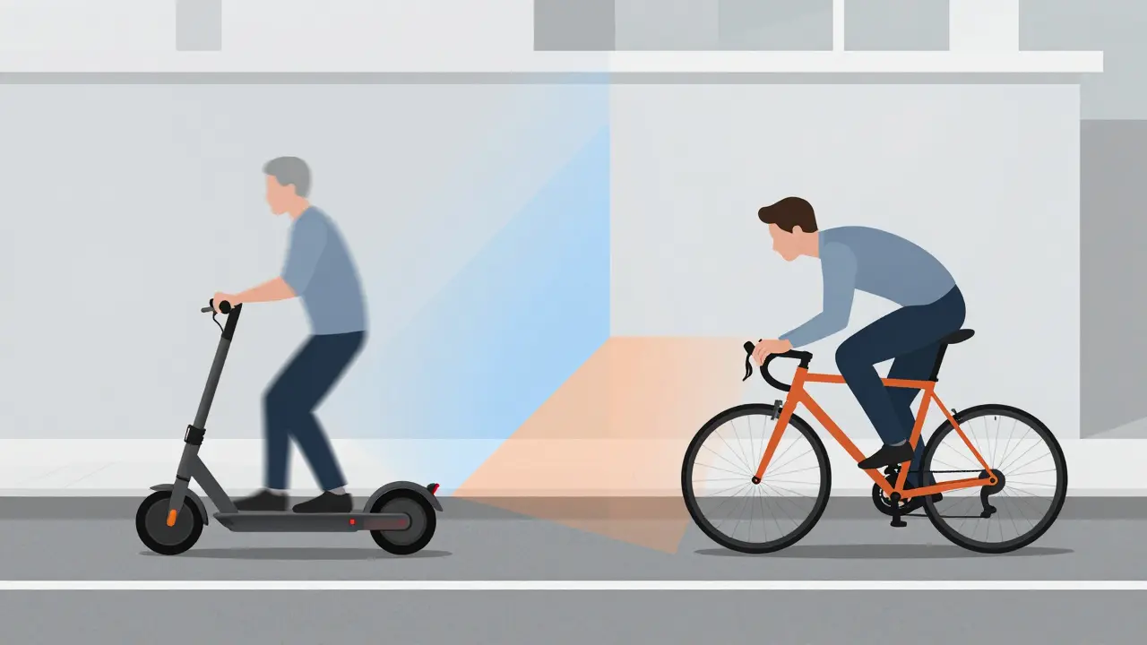 Konzeptionelle Darstellung der unterschiedlichen Bremsdynamik und Gewichtsverteilung bei E-Rollern und Fahrrädern.