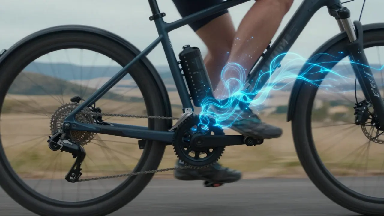 Konzeptionelle Darstellung eines E-Bike-Motors mit blauem Energiestrom