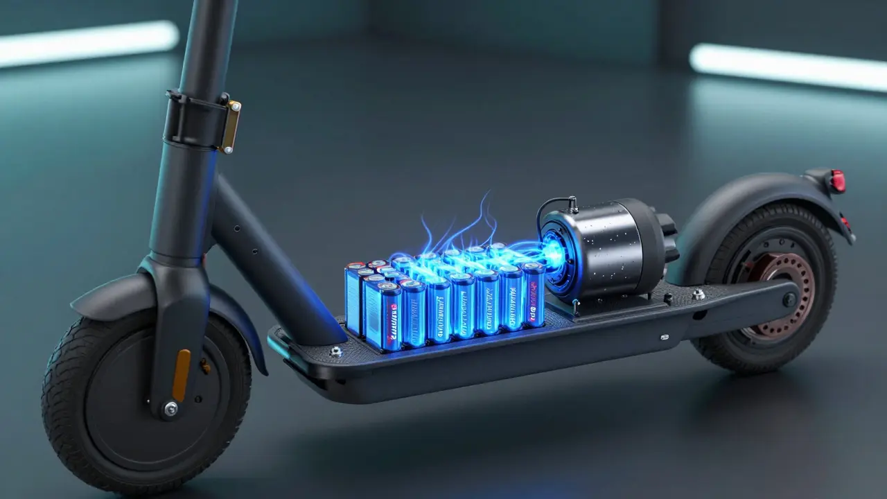 Konzeptionelle Darstellung eines Lithium-Ionen-Akkus und Elektromotors.