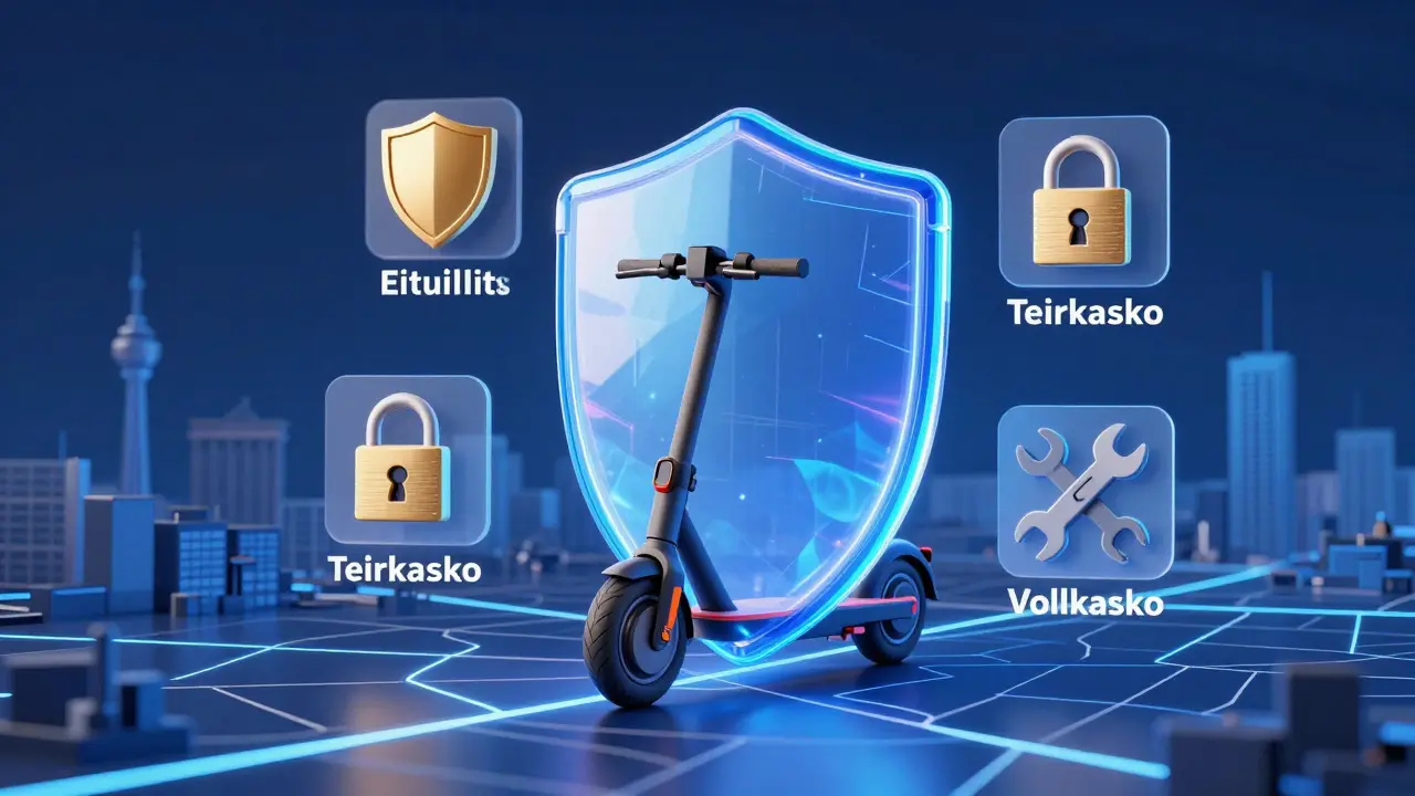 Konzeptionelle Darstellung von Haftpflicht- und Kaskoversicherung als Schutzschild für einen E-Roller.