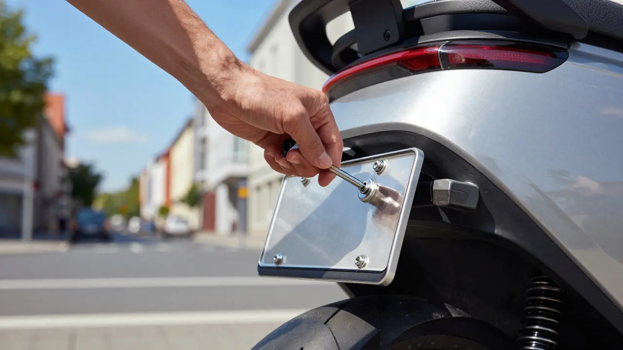 Montage eines offiziellen Metall-Kennzeichens an einem modernen Elektro-Roller