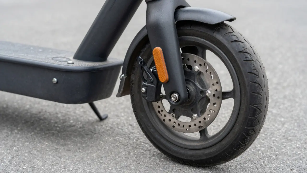Nahaufnahme der Bremsanlage und des Reifens eines Elektro-Scooters auf Asphalt.