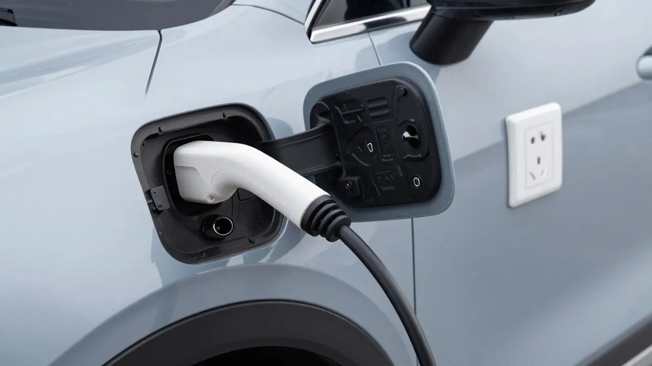 Nahaufnahme eines Elektro-Mikroautos, das an einer Haushaltssteckdose lädt.