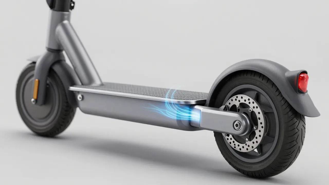 Nahaufnahme eines Elektromotors und Bremssystems eines Rollers.